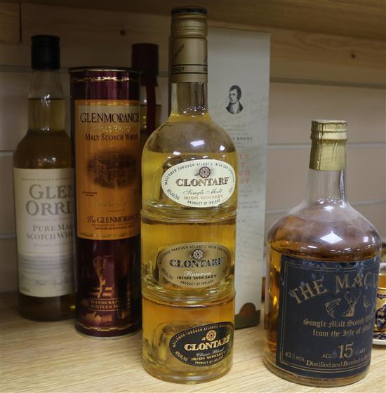 Six assorted bottles of whisky: Glen Orrin, Glenmorangie 10yo half bottle, Clontarf 3 section bottle,